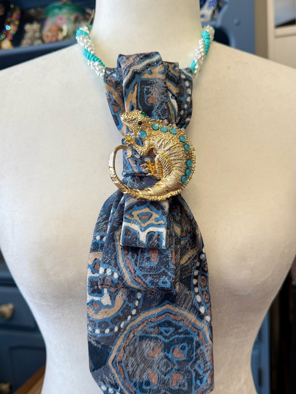 Stunning! Gold Lizard Scarf Pendant Necklace - Vintage Tie Turquoise Accents